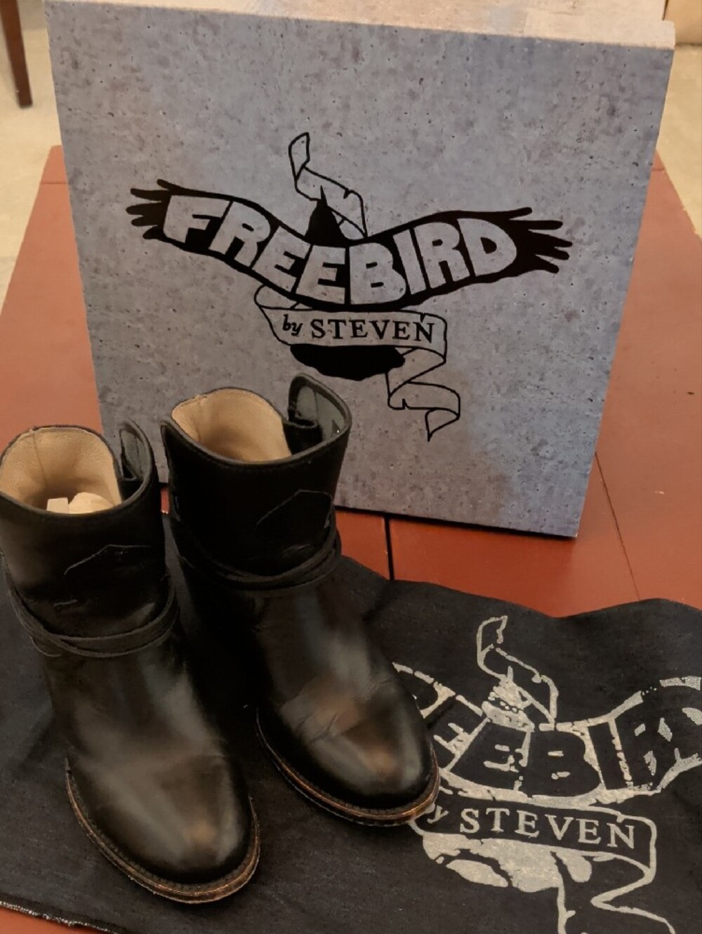 Freebird by Steven Black Leather Ankle Boots with Wrap Strap Detail - Picture 5 of 6